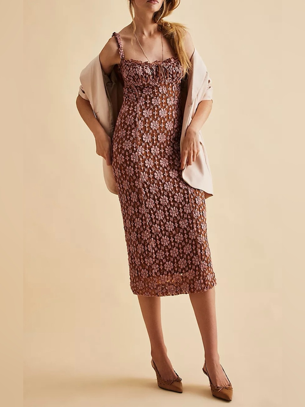 Free People Lucinda Midi Ginger Combo Dress size L - Picture 3 of 15